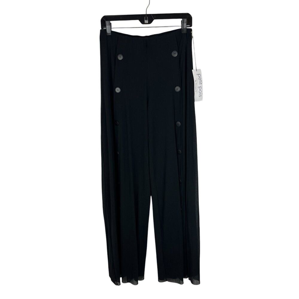 NEW Petit Pois by Viviana G Black Button Pants Size L Palazzo Sailor Wide Mesh